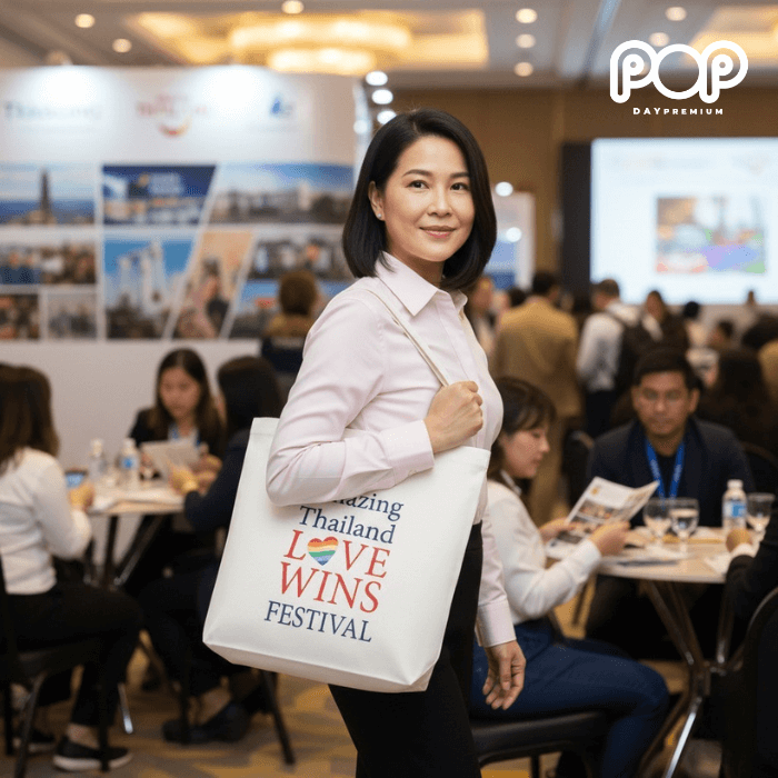 รับผลิตกระเป๋าผ้าดิบสกรีนโลโก้ popday premium