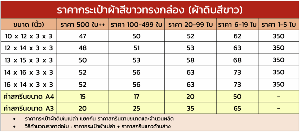 ราคากระเป๋าผ้าสีขาวทรงกล่อง